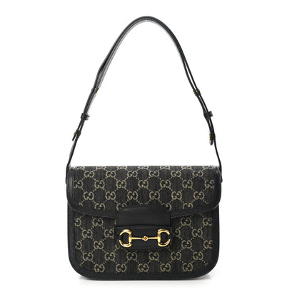 Gucci Jacquard Black Denim GG Monogram Textured Dollar Calfskin Horsebit 1955 Shoulder Bag Black Ivory 1 of 13