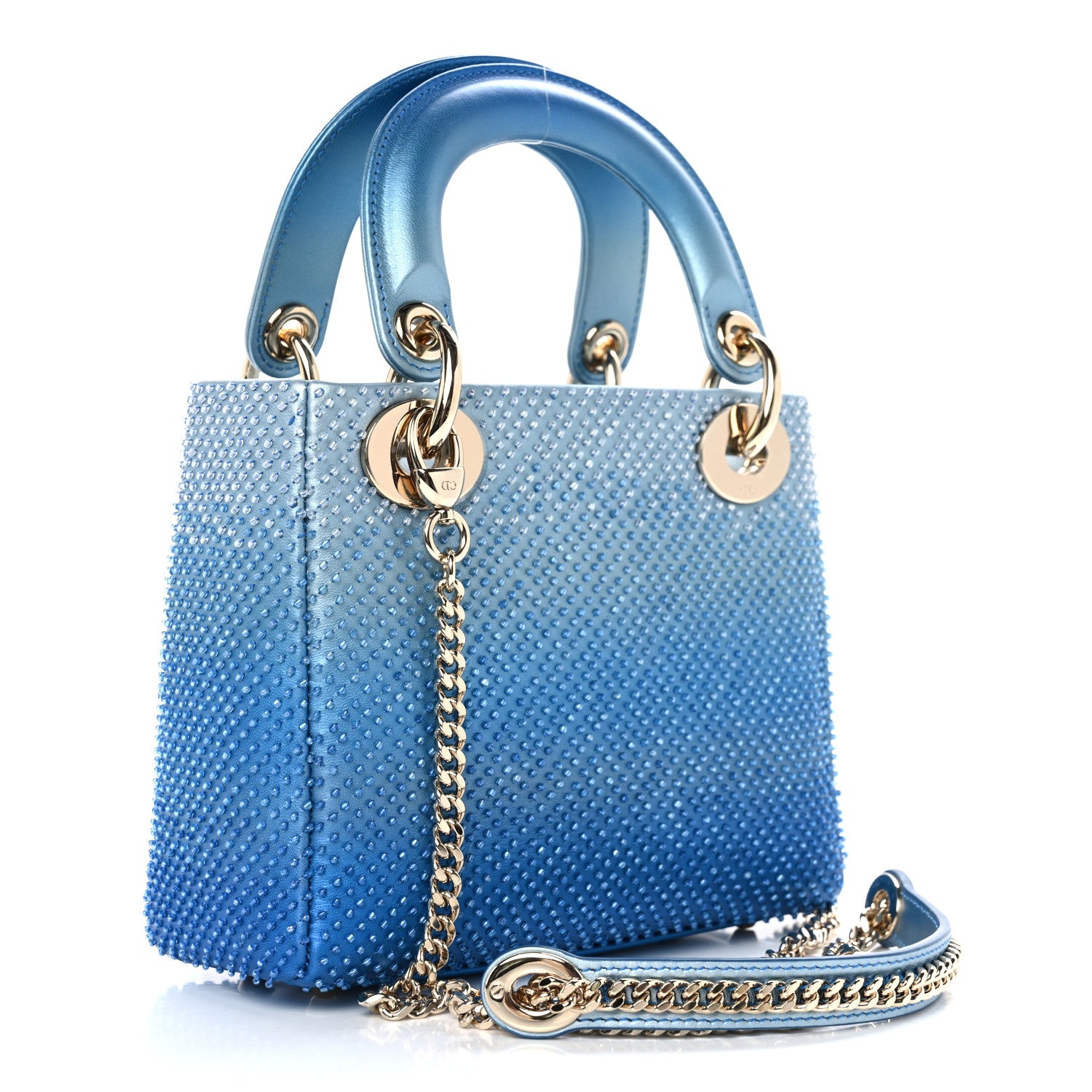 Christian Dior Metallic Calfskin Satin Bead Embroidery Cannage Mini Lady Dior Blue 3 of 9