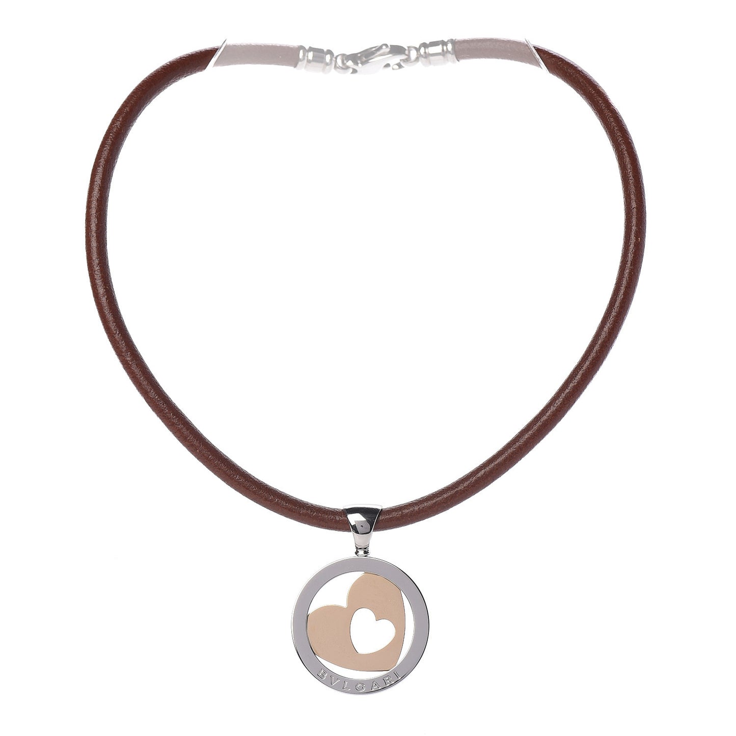 Stainless Steel 18K Yellow Gold Calfskin Tondo Heart Pendant Necklace Brown