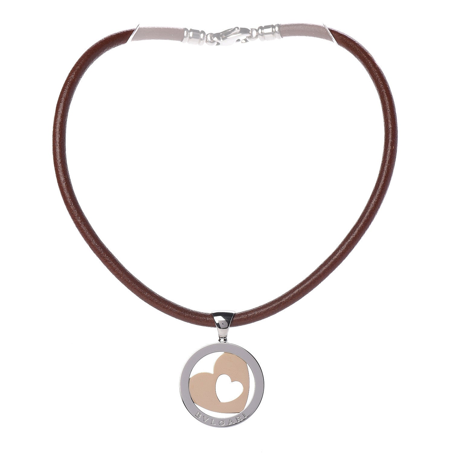 Bulgari Stainless Steel 18K Yellow Gold Calfskin Tondo Heart Pendant Necklace Brown 3 of 9