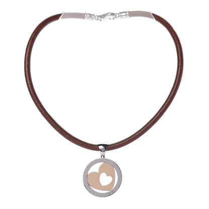 Bulgari Stainless Steel 18K Yellow Gold Calfskin Tondo Heart Pendant Necklace Brown 3 of 9