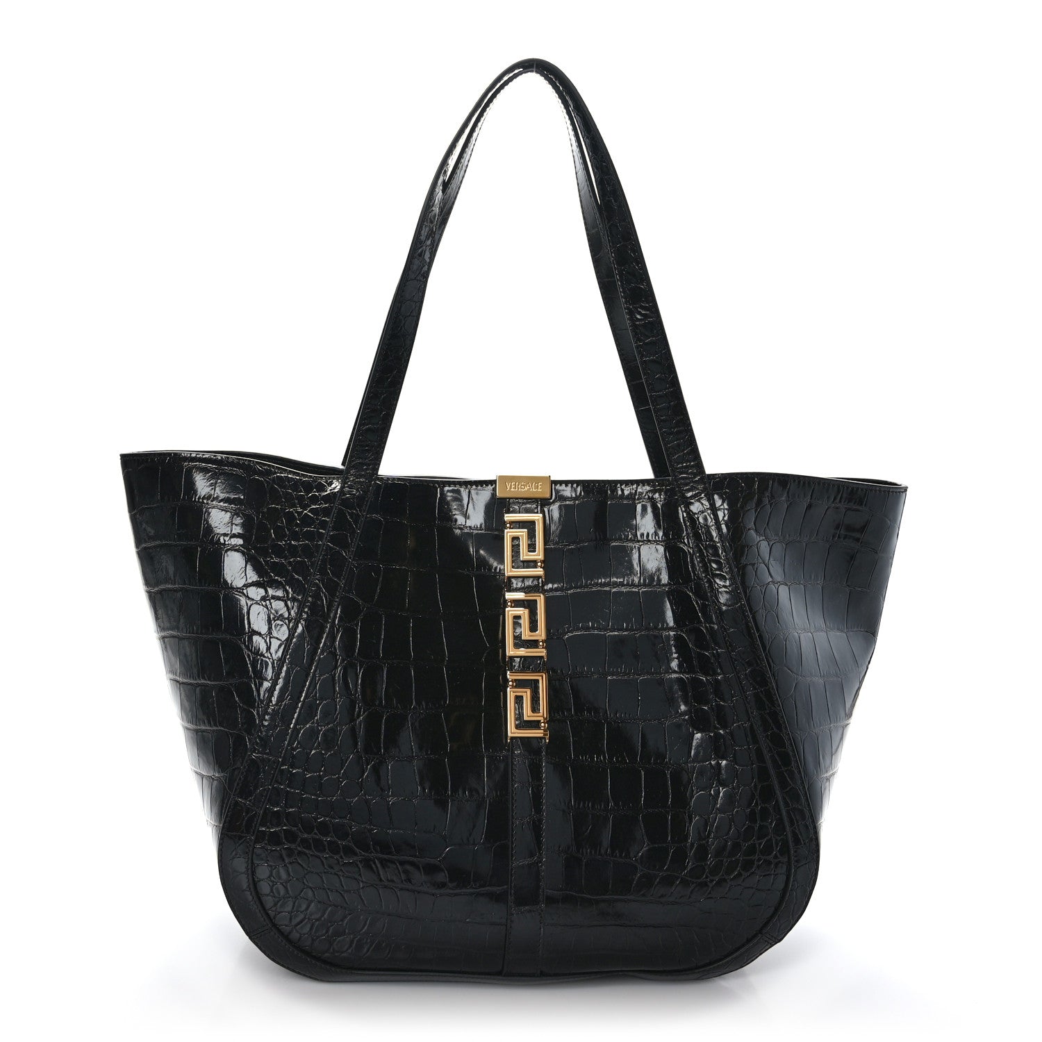 Versace Calfskin Crocodile Embossed Greca Goddess Tote Bag Black 1 of 10