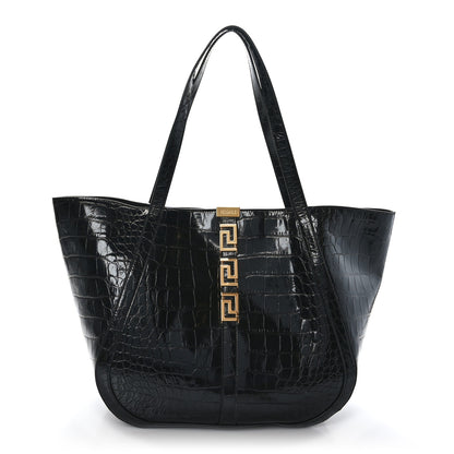 Versace Calfskin Crocodile Embossed Greca Goddess Tote Bag Black 1 of 10