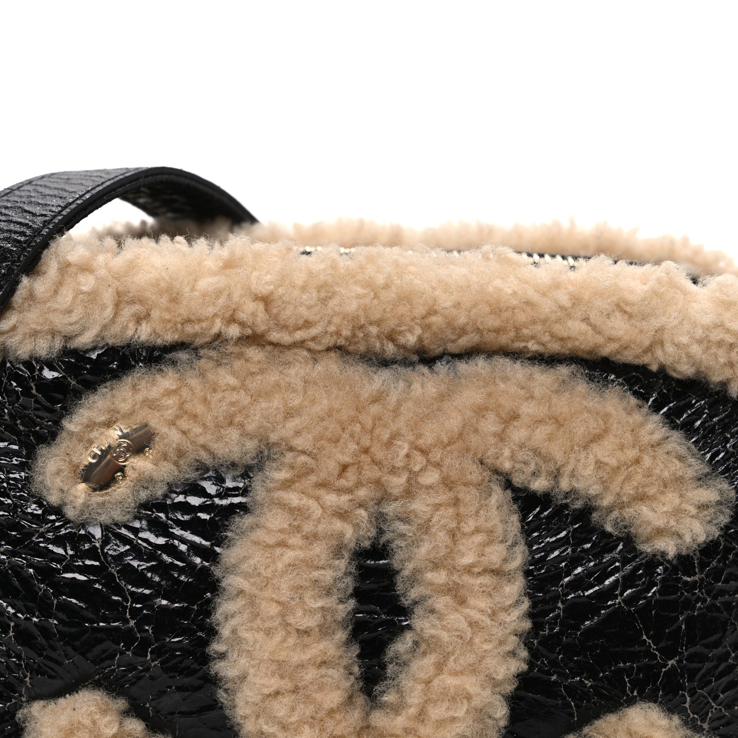 Chanel Shiny Crumpled Sheepskin Shearling Waist Bag Black Beige 7 of 9