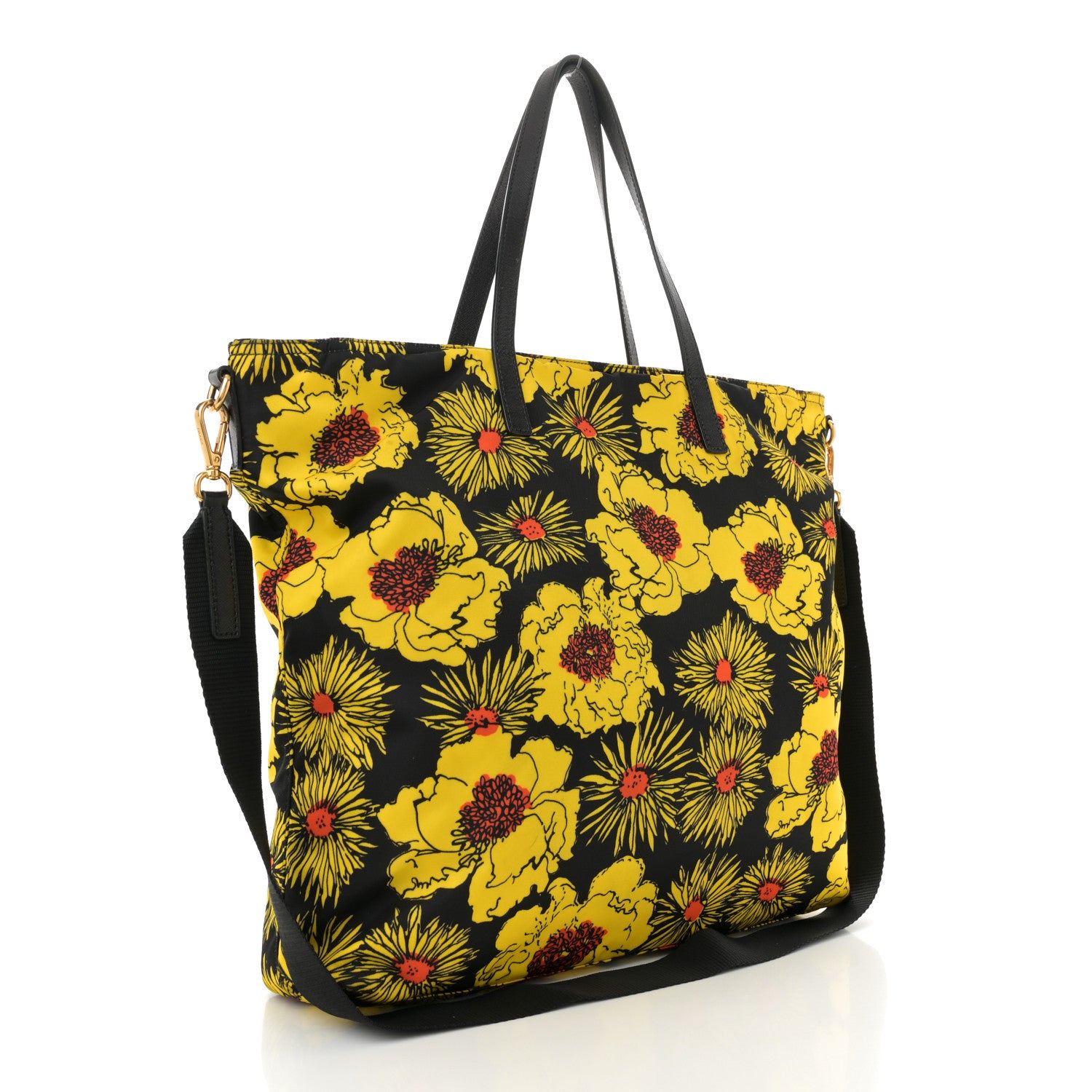 Prada Tessuto Nylon Saffiano Floral Print Tote Giallo 3 of 10
