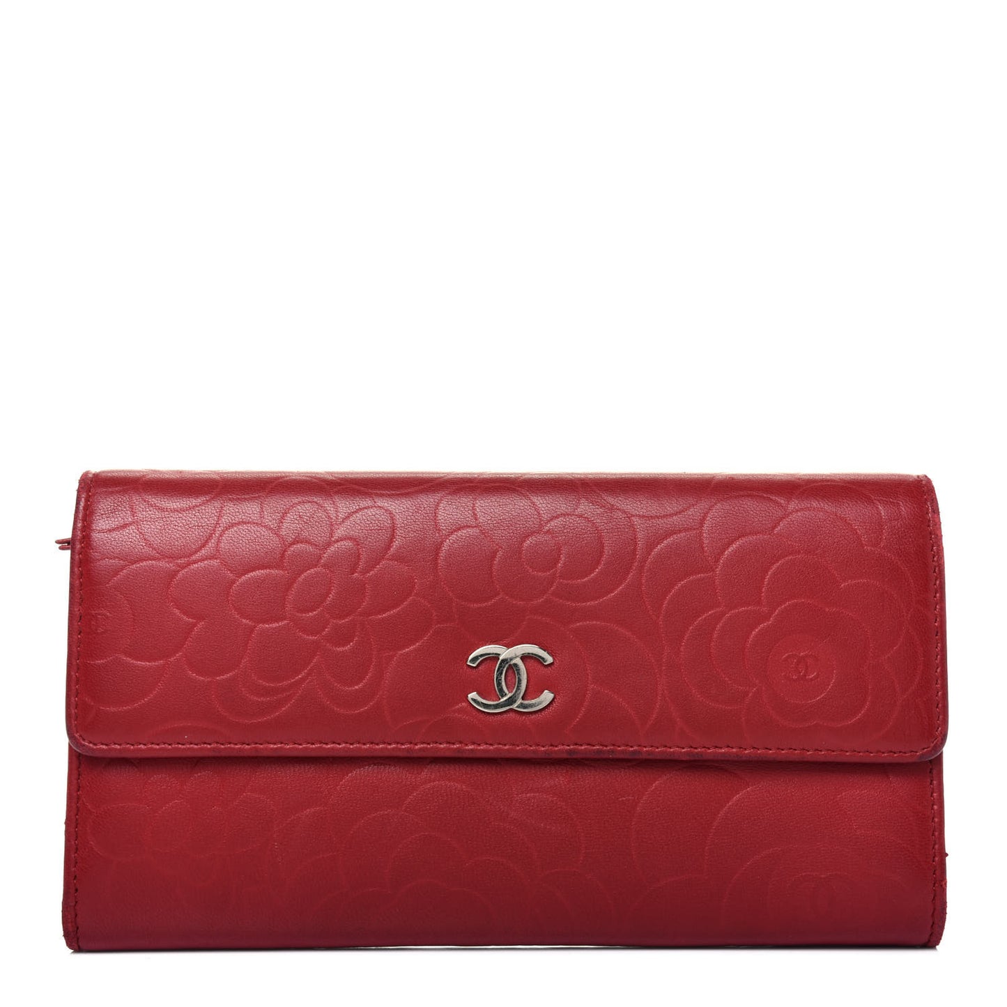 Lambskin Camellia Embossed Flap Wallet Red