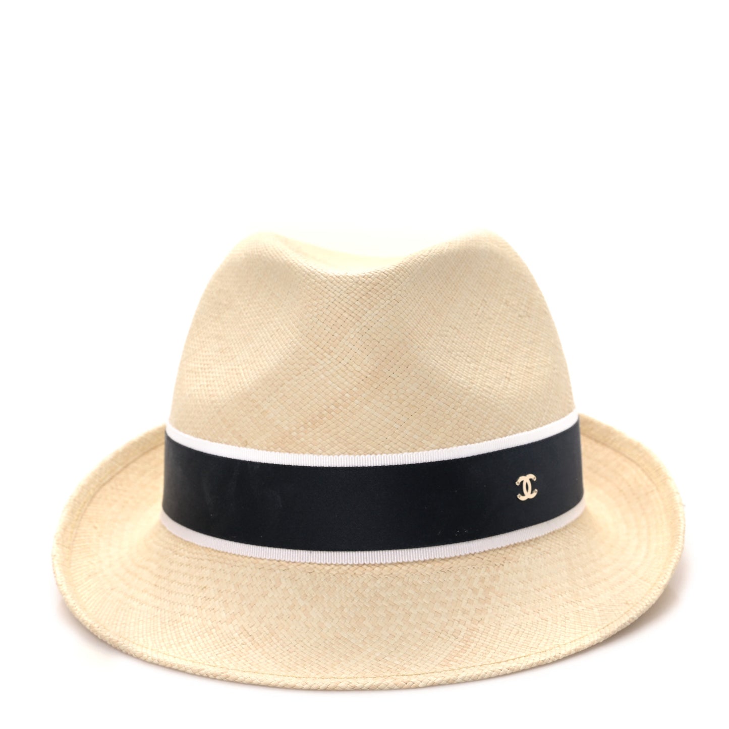 Straw Grosgrain Ribbon Fedora Hat M Beige Black