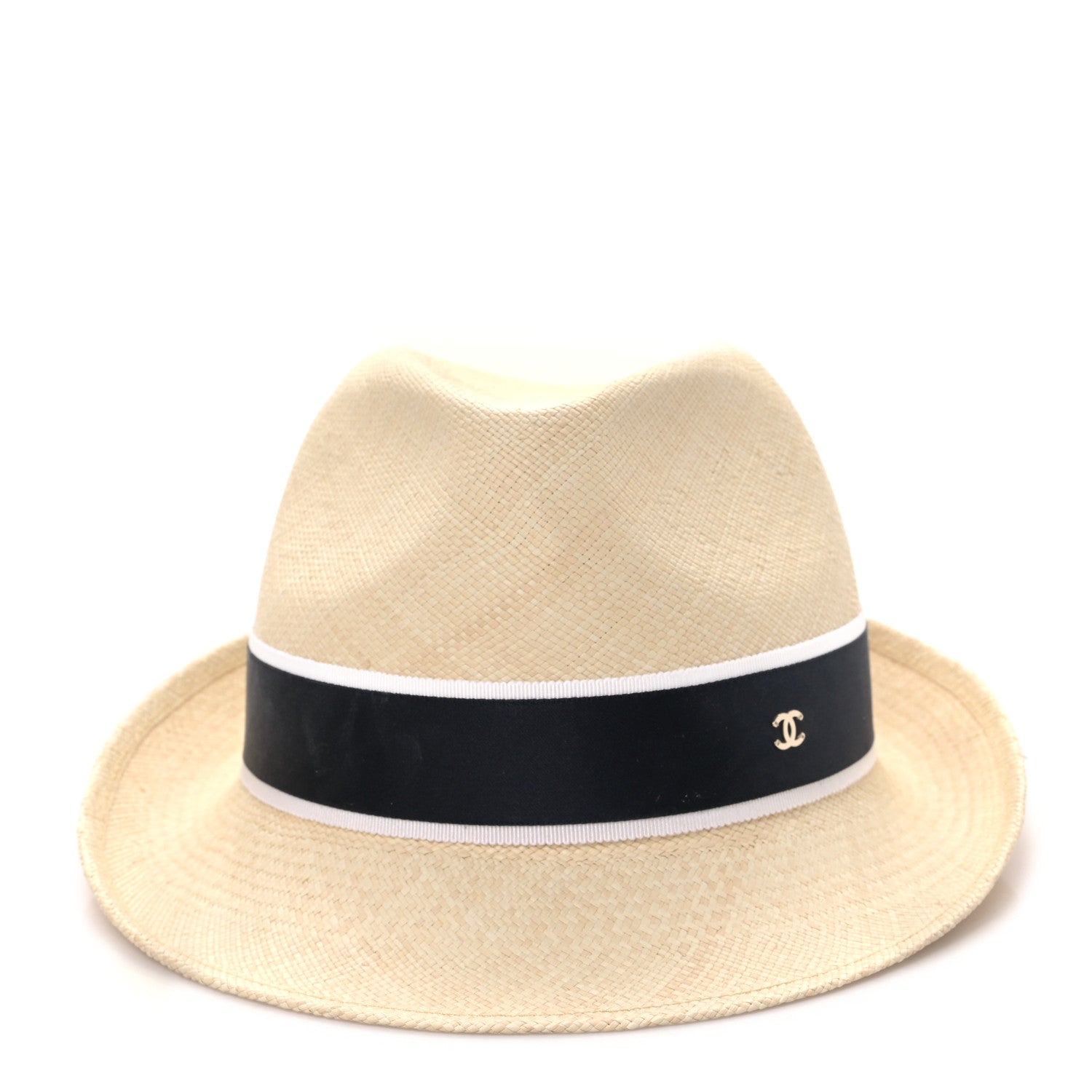 Chanel Straw Grosgrain Ribbon Fedora Hat M Beige Black 3 of 8
