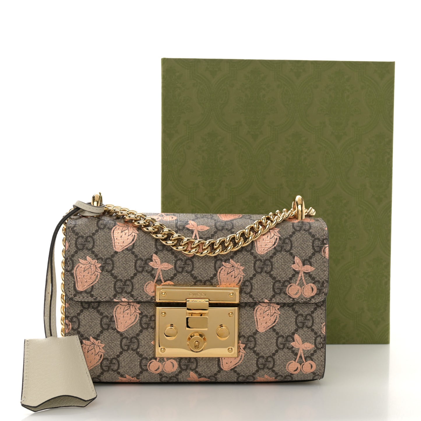 GG Supreme Monogram Berry Textured Dollar Calfskin Small Padlock Shoulder Bag Beige Ebony Light Copper Mystic White