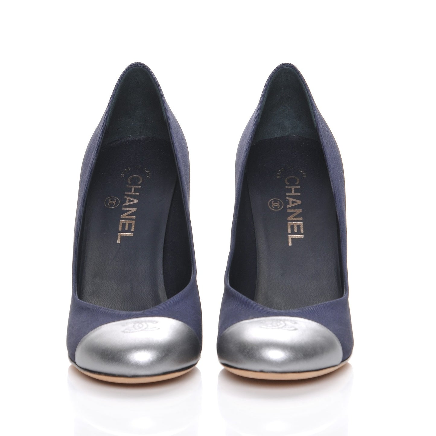 Grosgrain Calfskin CC Cap Toe Pumps 40 Navy Silver