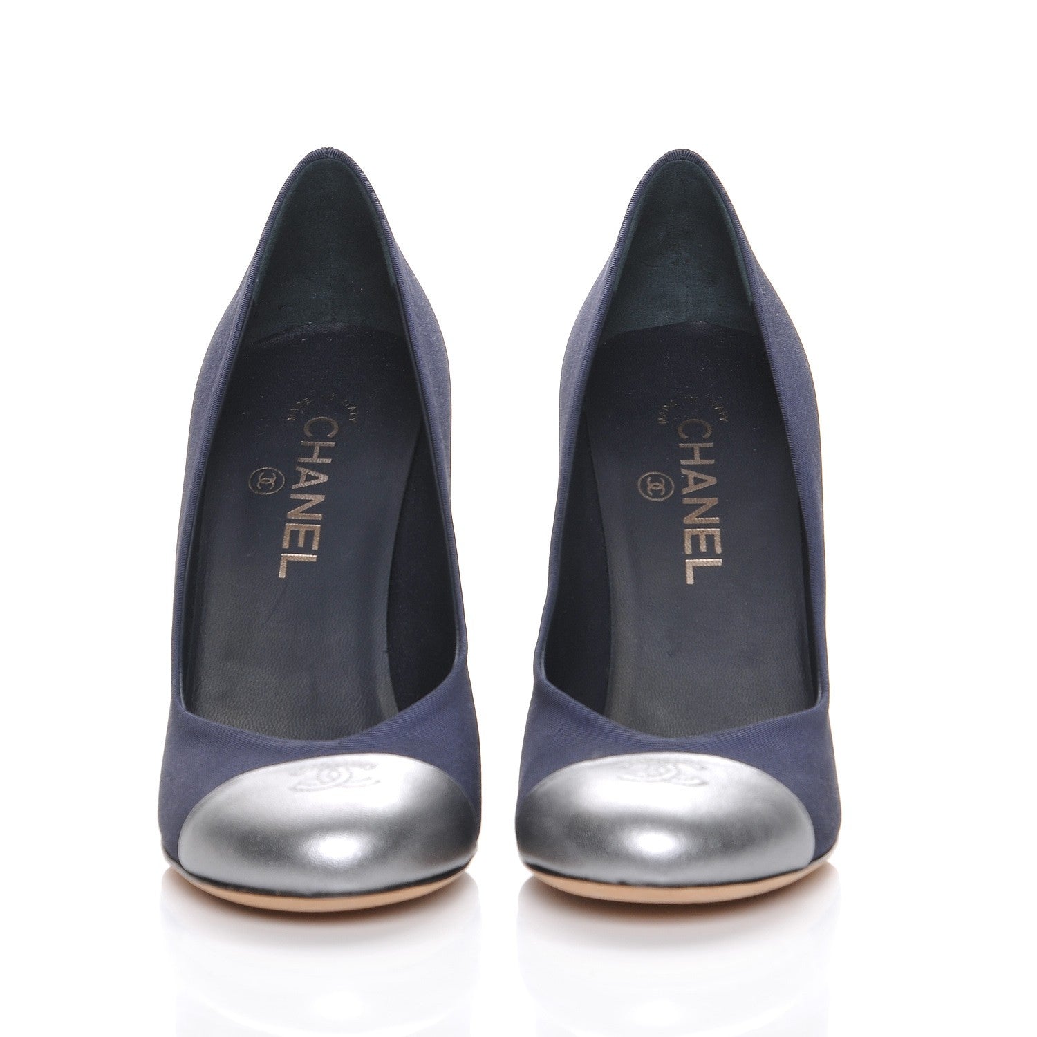 Chanel Grosgrain Calfskin CC Cap Toe Pumps 40 Navy Silver 2 of 8