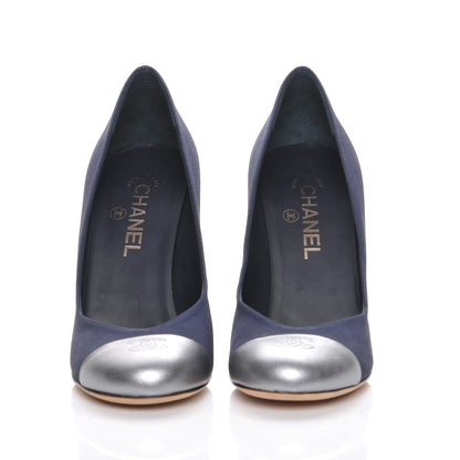 Chanel Grosgrain Calfskin CC Cap Toe Pumps 40 Navy Silver 2 of 8