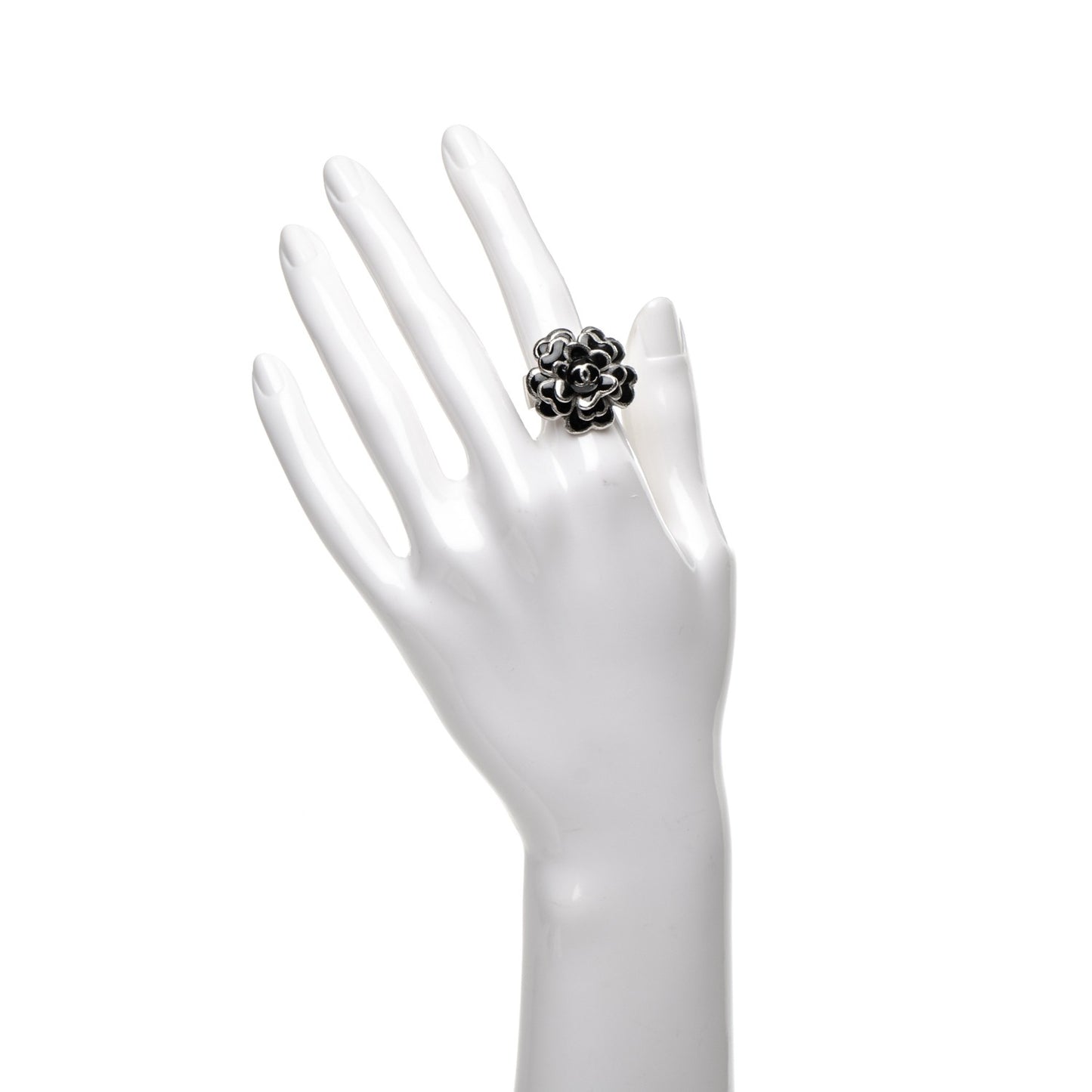 Enamel CC Camellia Ring 6 Black Silver
