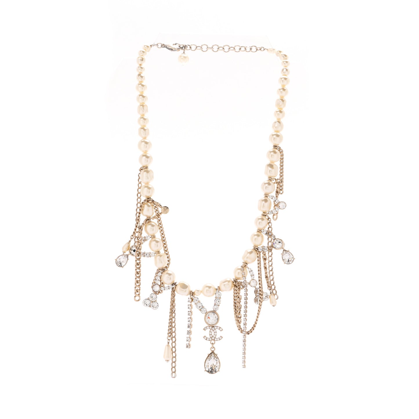 Pearl Crystal CC Dangle Short Necklace Gold