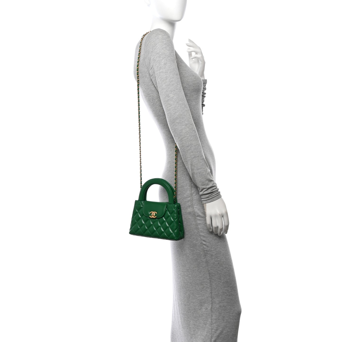 Shiny Aged Calfskin Quilted Nano Kelly Shopper Green