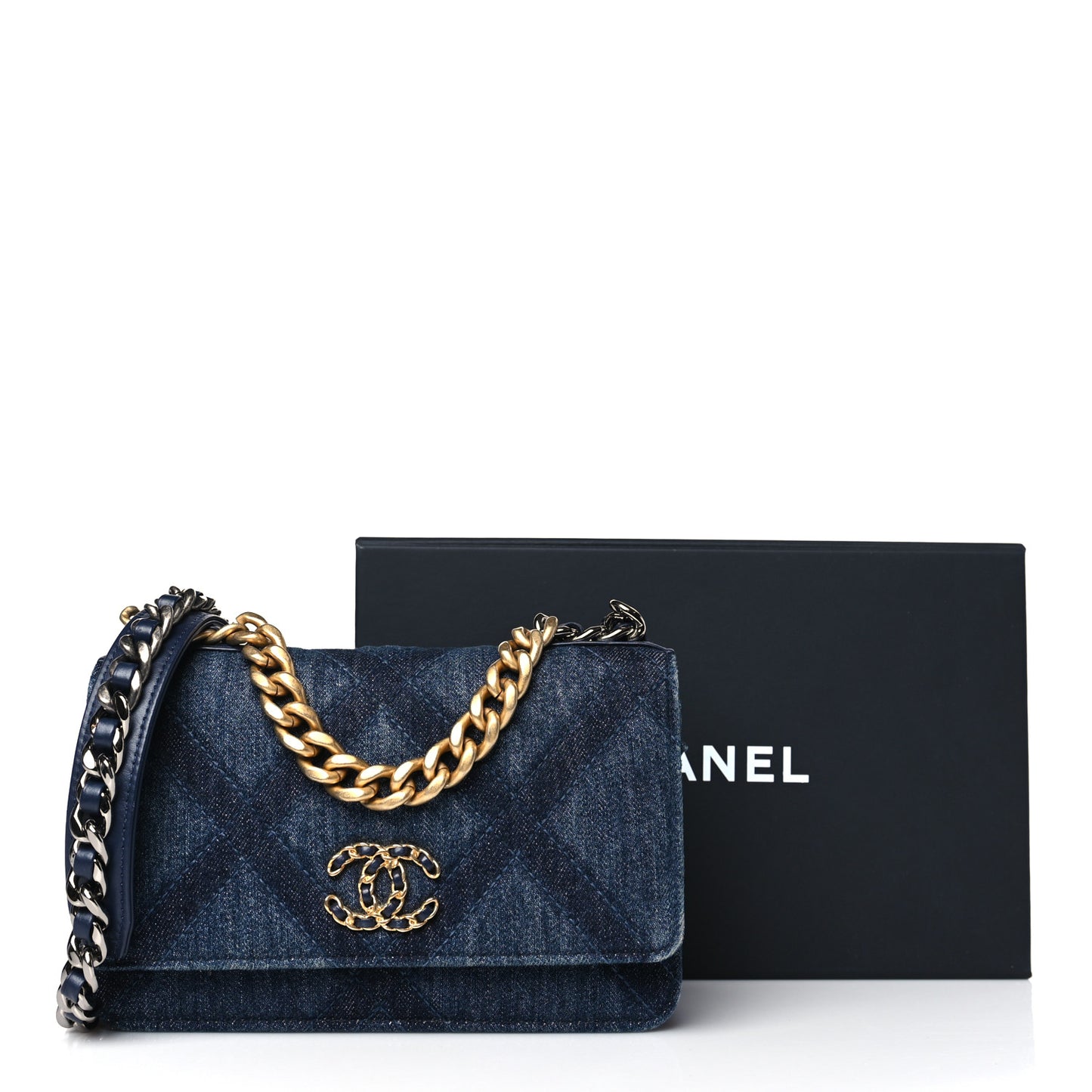 Denim Quilted Chanel 19 Wallet On Chain WOC Blue