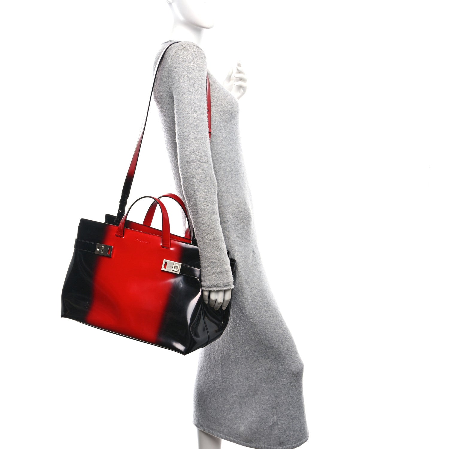 Salvatore Ferragamo Smooth Airbrushed Calfskin XL Gancini Buckles Tote Bag Flame Red Black 2 of 14