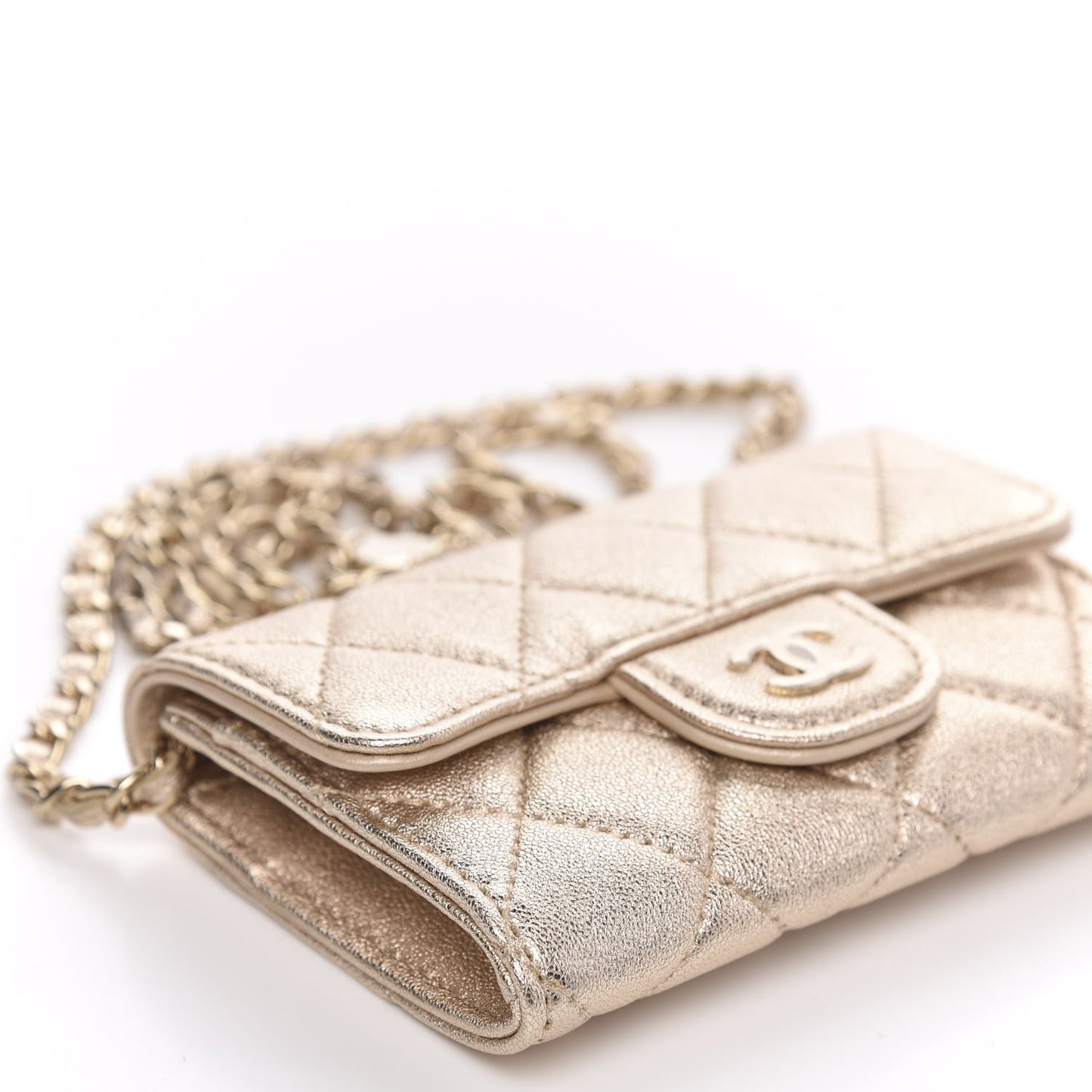 Metallic Lambskin Quilted Flap Chain Waist Bag Gold
