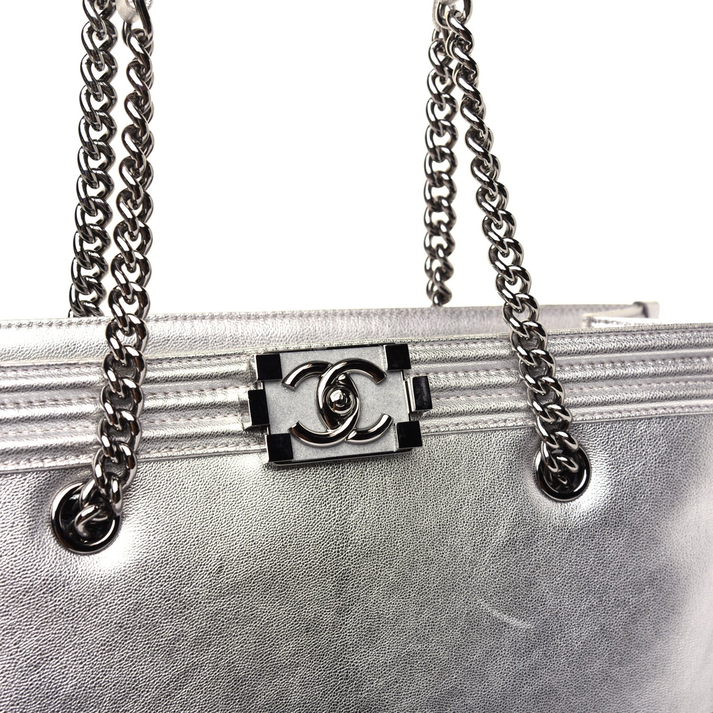Metallic Goatskin Calfskin Bi-Color Large Boy Tote Black Silver