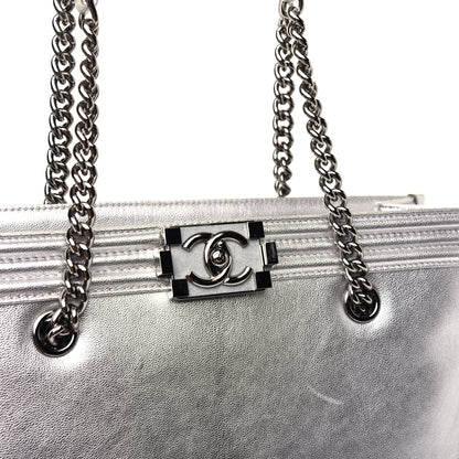 Chanel Metallic Goatskin Calfskin Bi-Color Large Boy Tote Black Silver 13 of 16