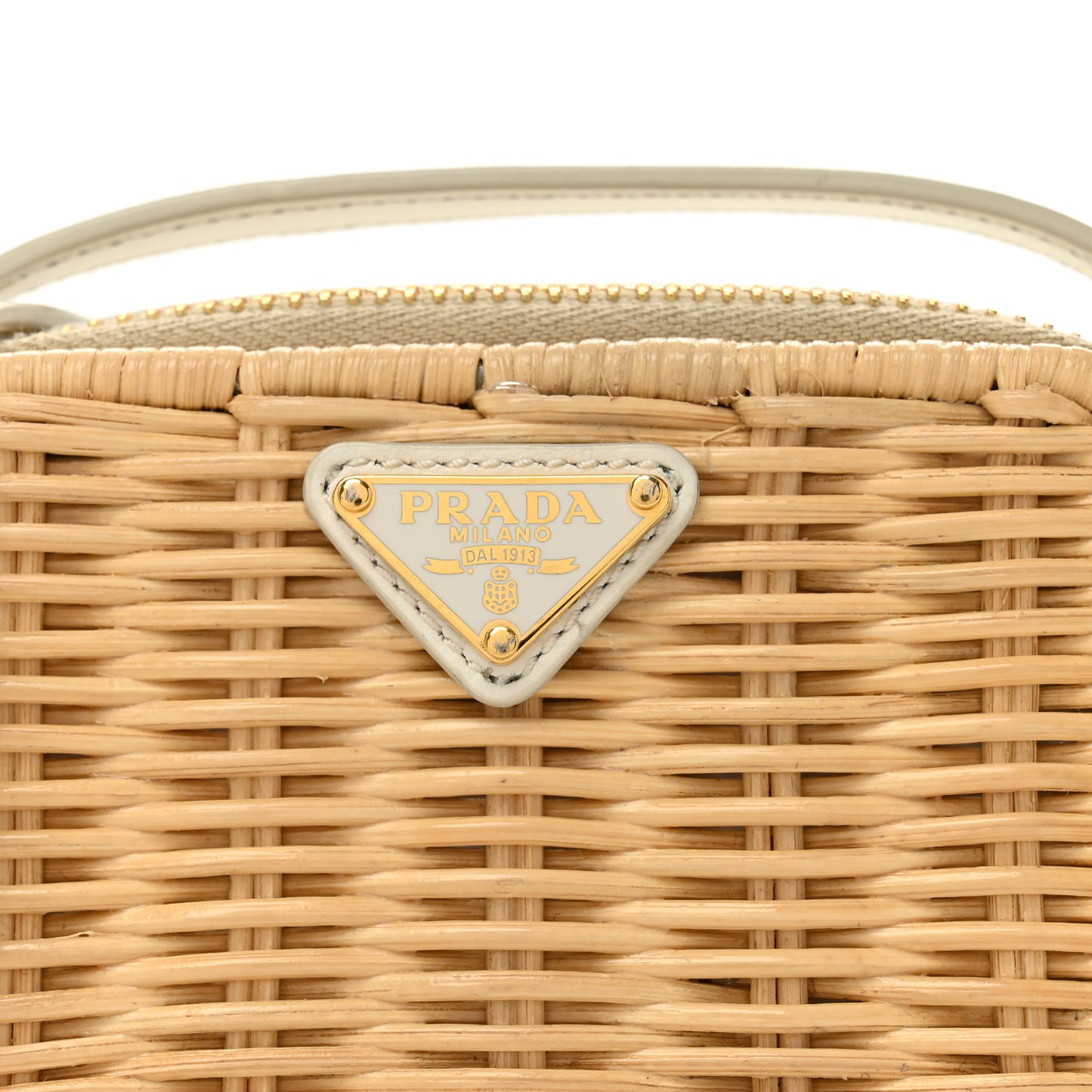 Wicker Calfskin Metal Triangle Logo Mini Pouch Shoulder Bag Tan White