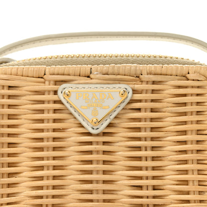 Prada Wicker Calfskin Metal Triangle Logo Mini Pouch Shoulder Bag Tan White 9 of 12