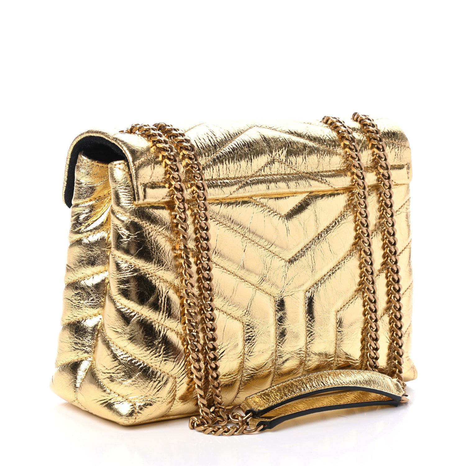Saint Laurent Metallic Calfskin Y Quilted Small Loulou Monogram Chain Satchel Gold 3 of 9