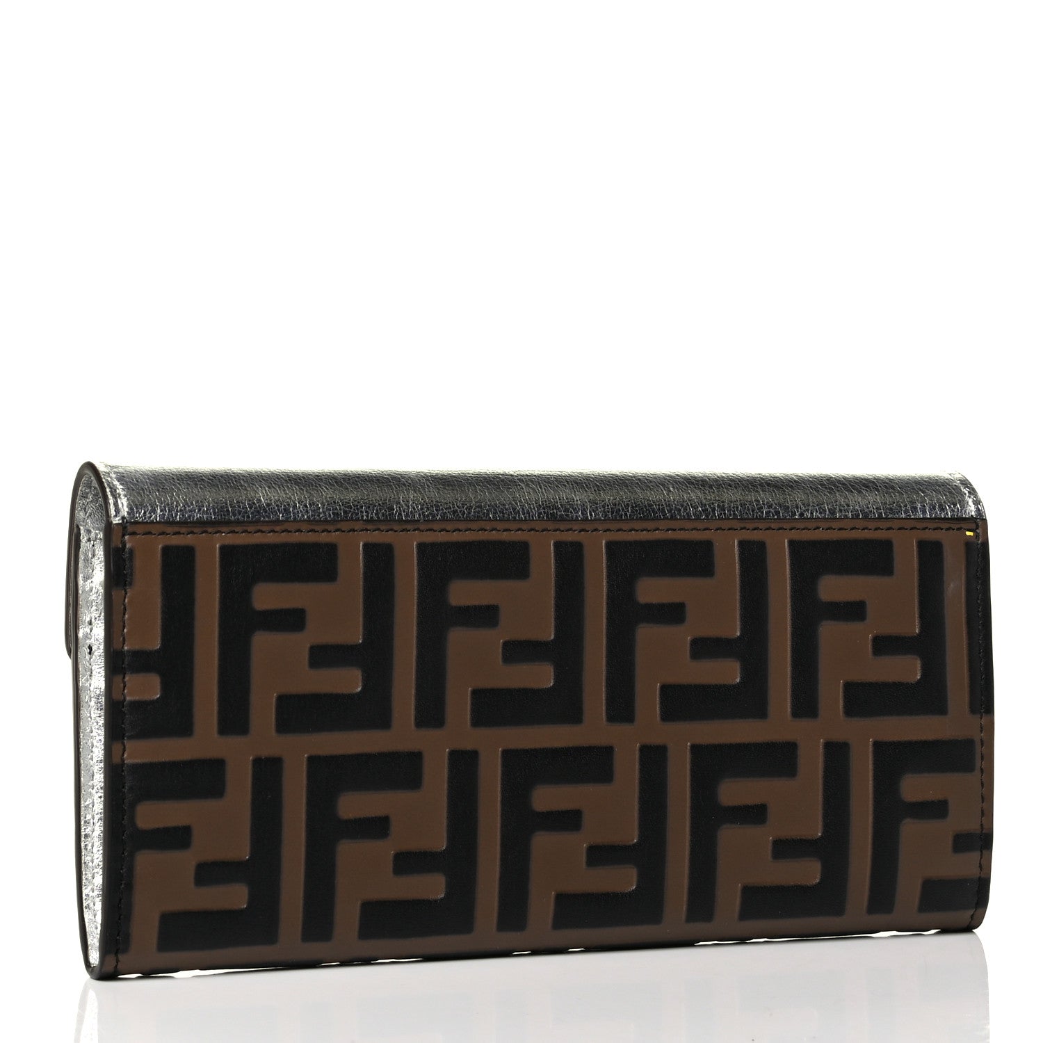 Fendi Vitello Soft Catalan Mirror F is Fendi Bi-Color FF 1974 Embossed Continental Envelope Wallet Maya Black Argento 2 of 5