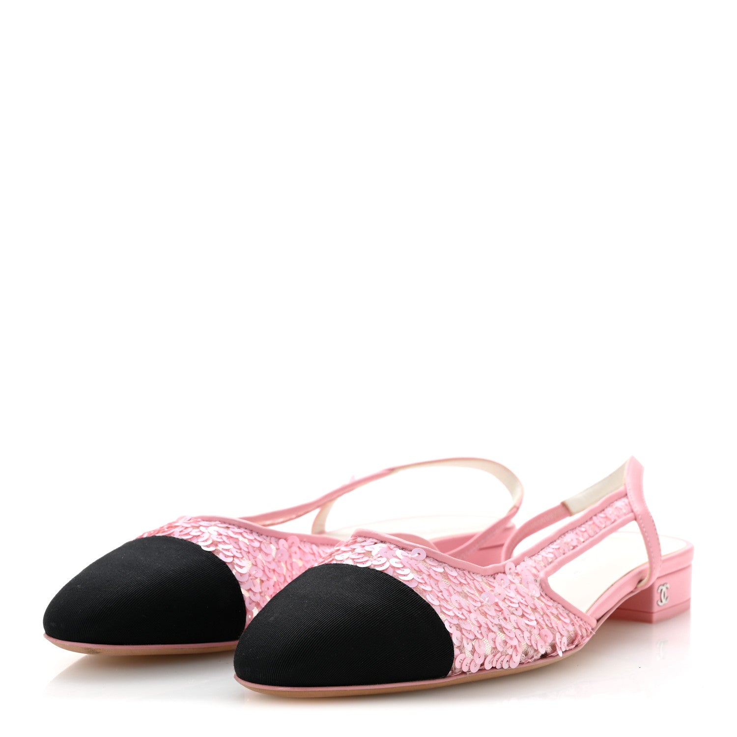 Chanel Sequins Satin Cap Toe CC Slingback Flat 38.5 Pink Black 4 of 10