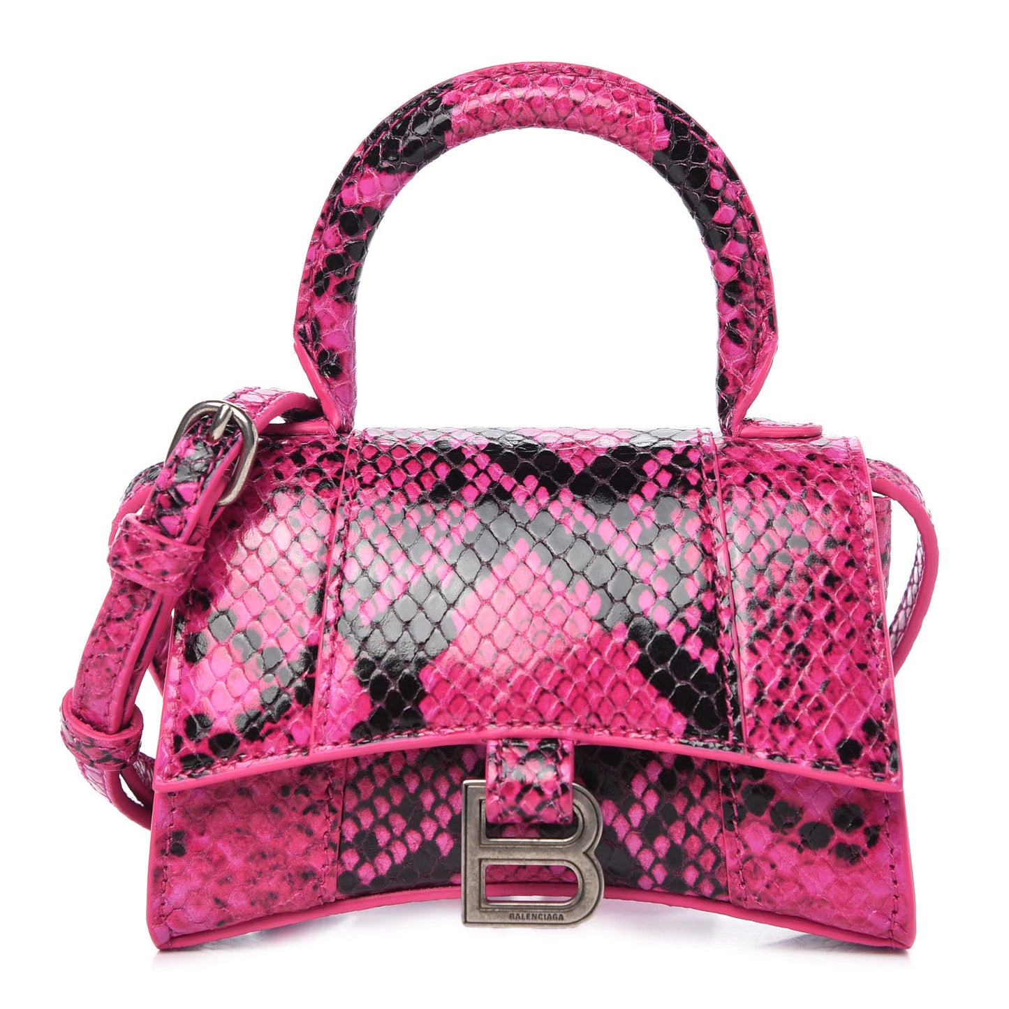 Shiny Calfskin Python Effect Hourglass Top Handle Bag Mini Fuchsia Black
