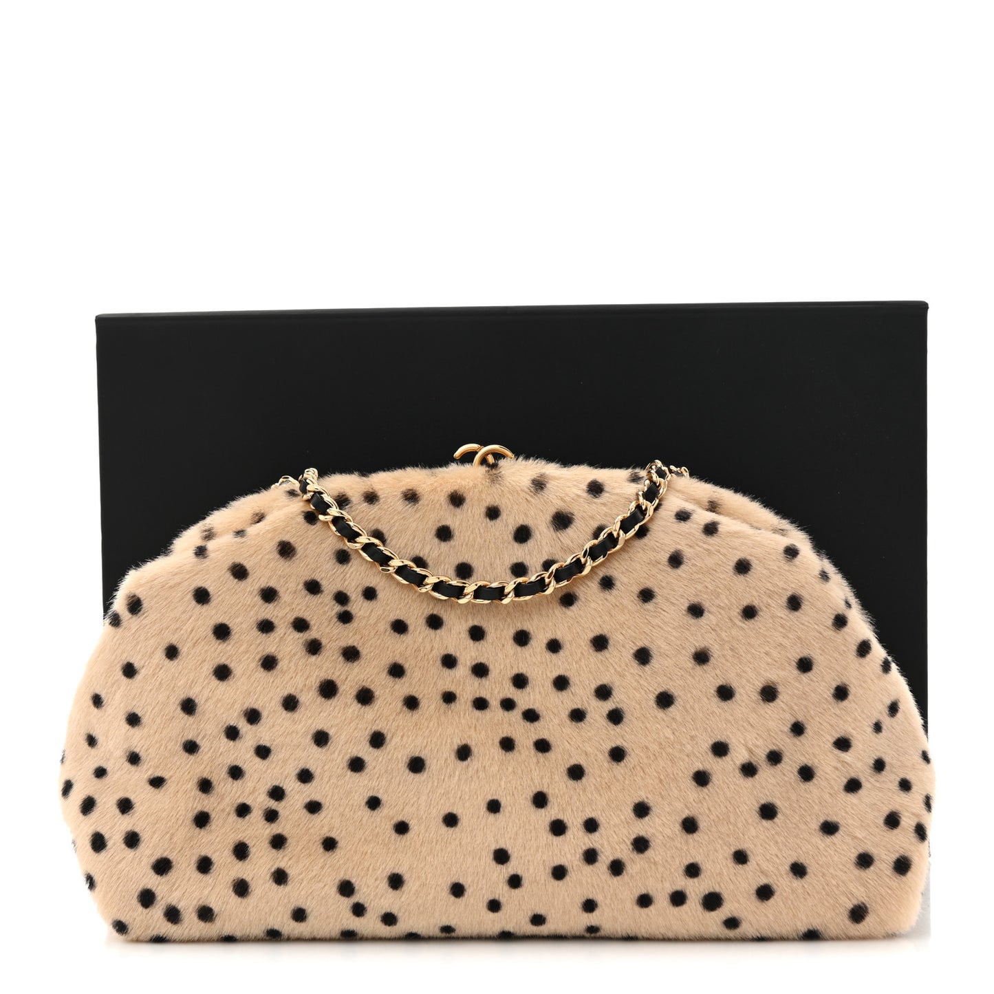 Pony Hair Cheetah Printed Lambskin Clutch With Chain Beige Black