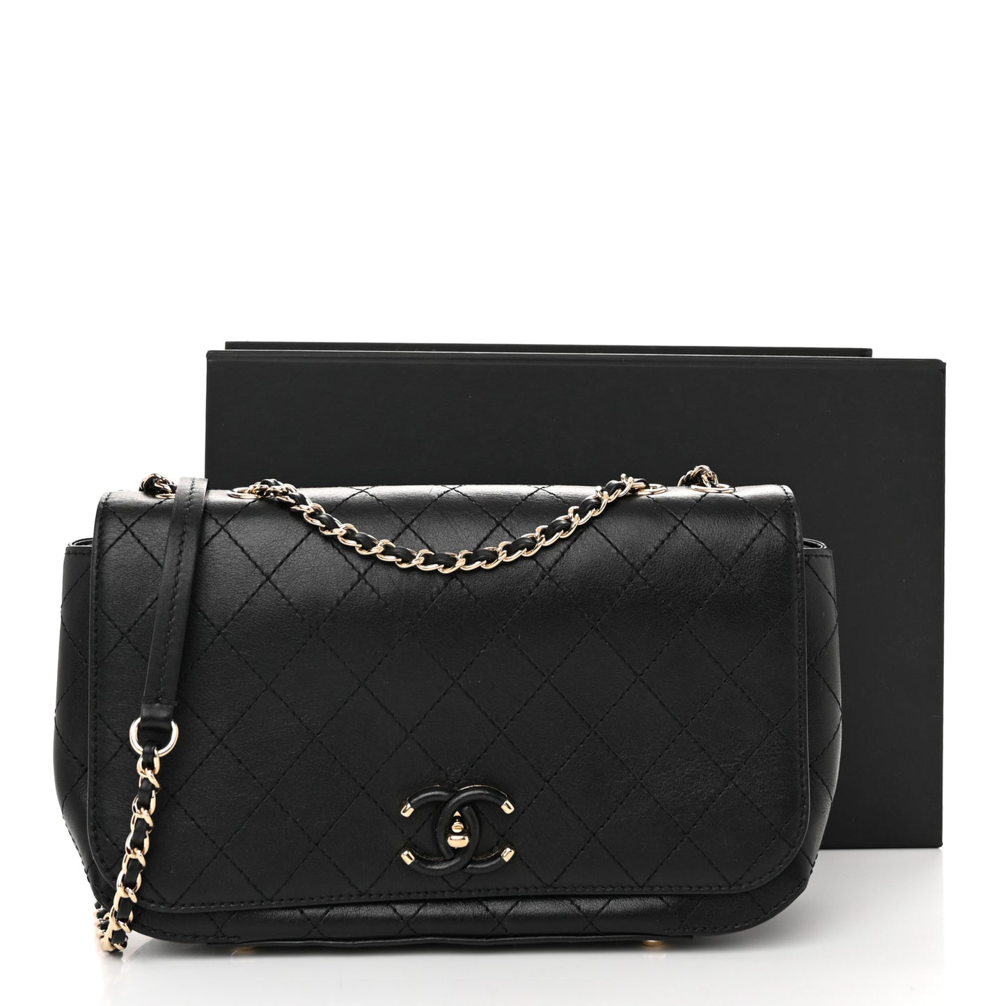 Calfskin Stitched CC Case Flap Bag Black