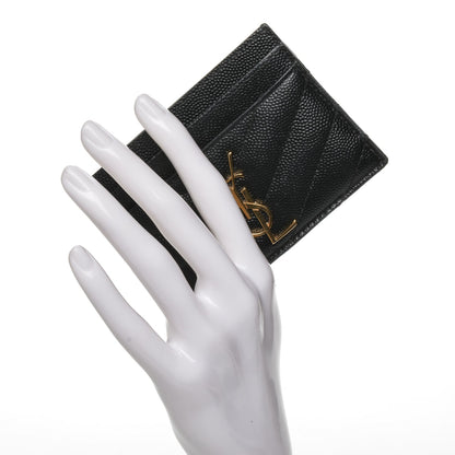 Saint Laurent Grain De Poudre Matelasse Chevron Monogram Credit Card Case Black 2 of 6
