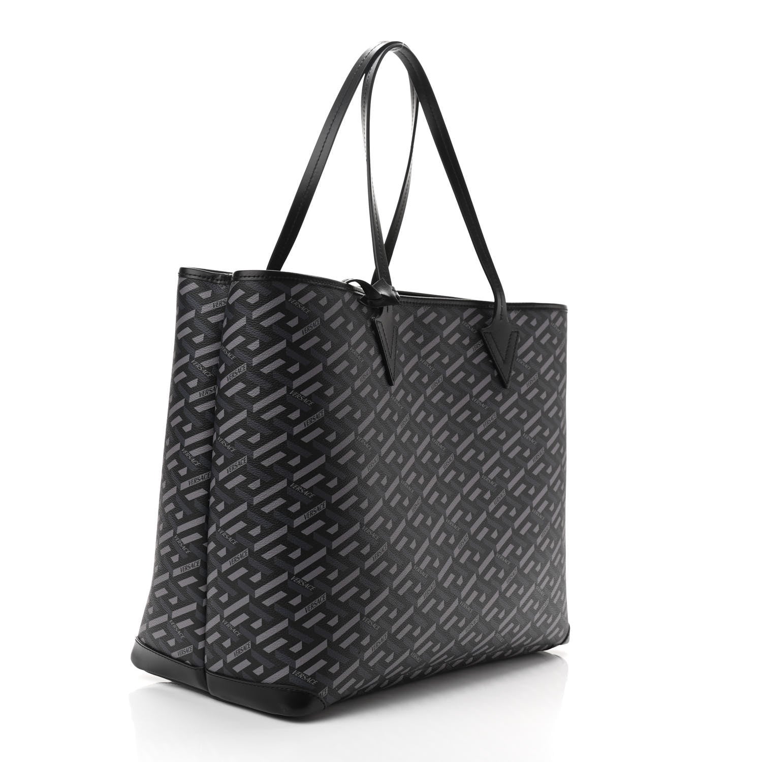 Versace Coated Canvas Calfskin La Greca Medusa Music Signature Shopper Tote Bag Black Grey 4 of 9