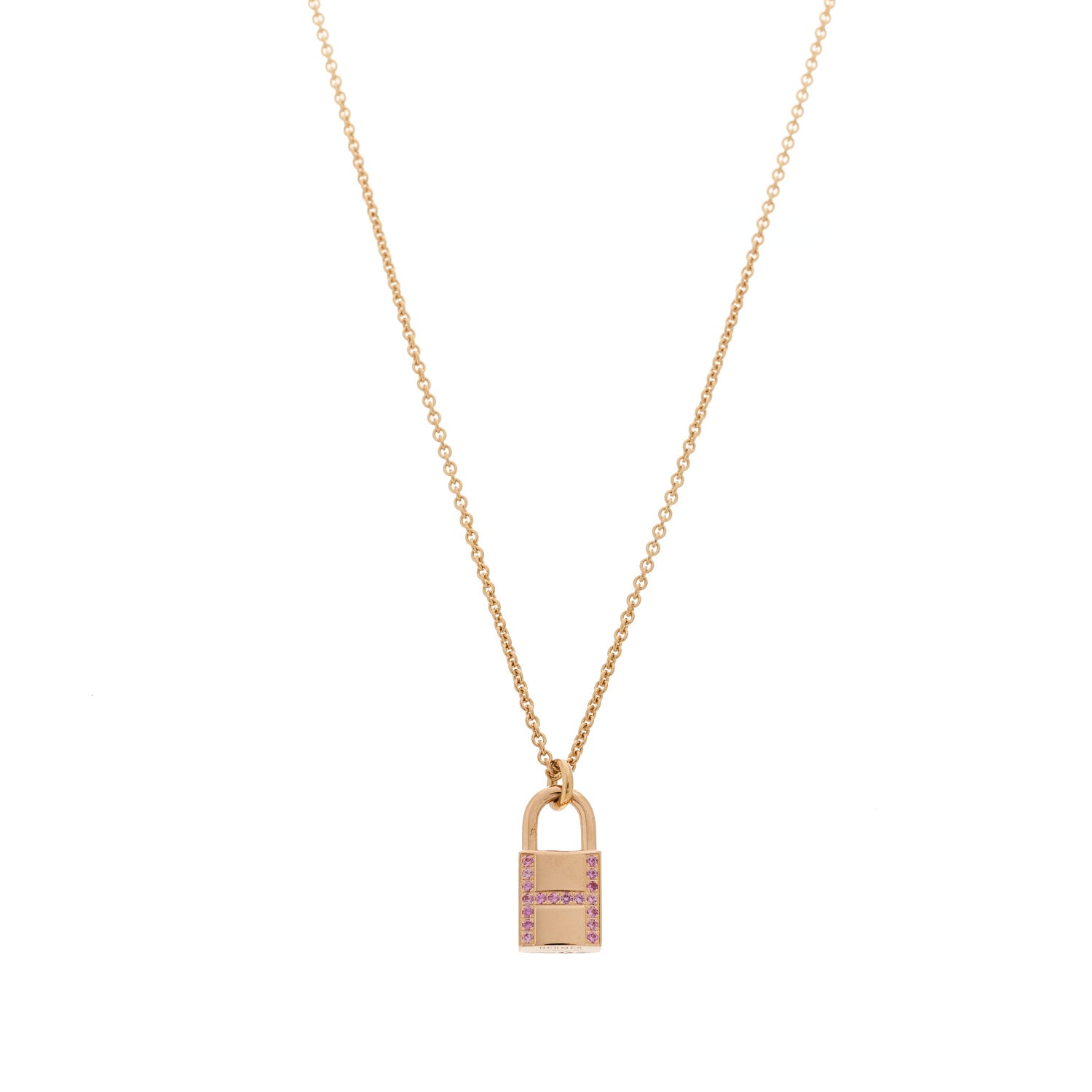 Hermes 18K Rose Gold Pink Sapphire Amulettes Cadenas Pendant Necklace 1 of 6