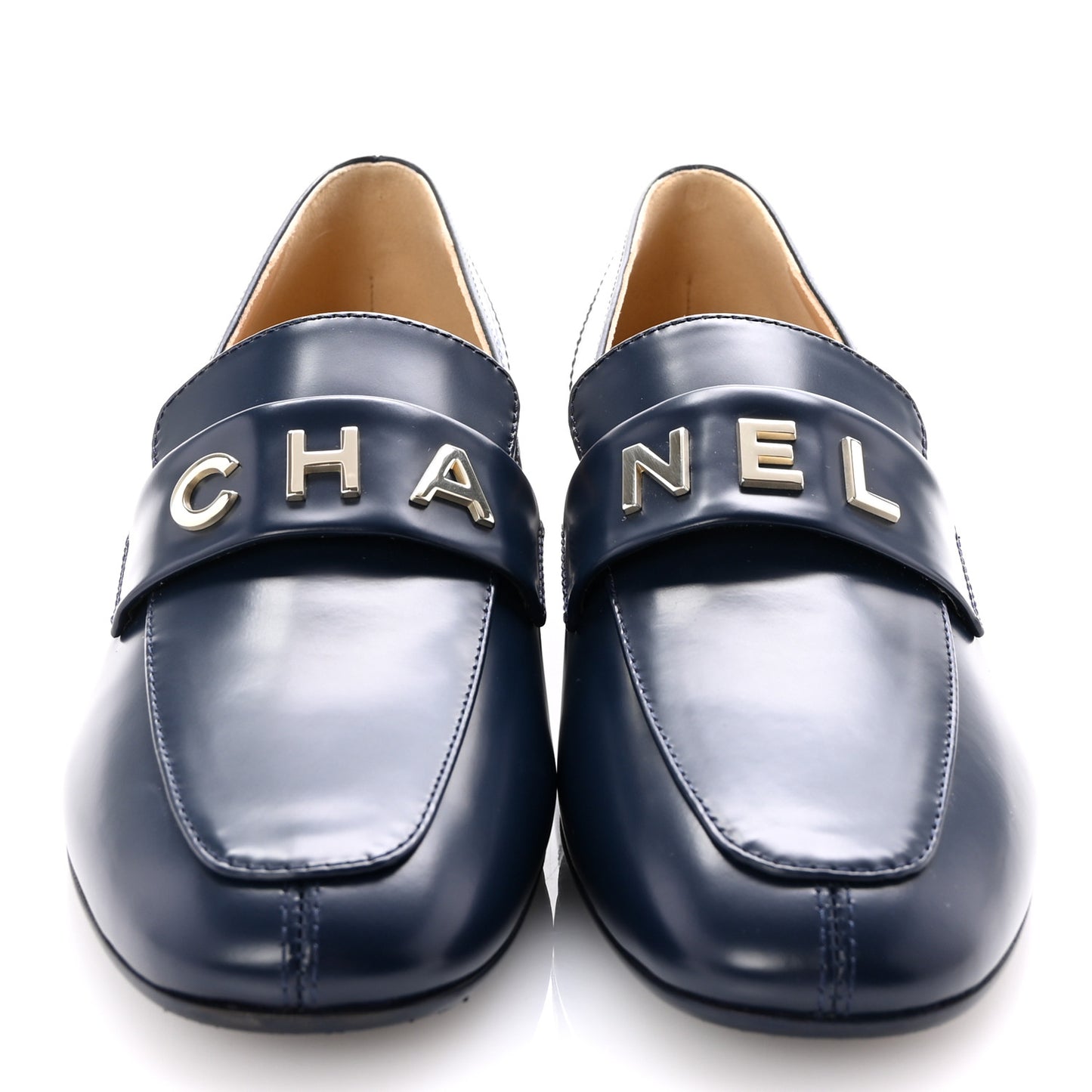 Shiny Calfskin Logo Loafers 39 Navy