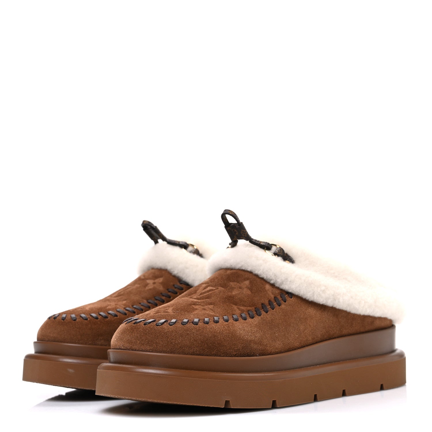 Louis Vuitton Suede Calfskin Shearling Monogram Debossed Cortina Closed Mule 38 Light Beige 4 of 10