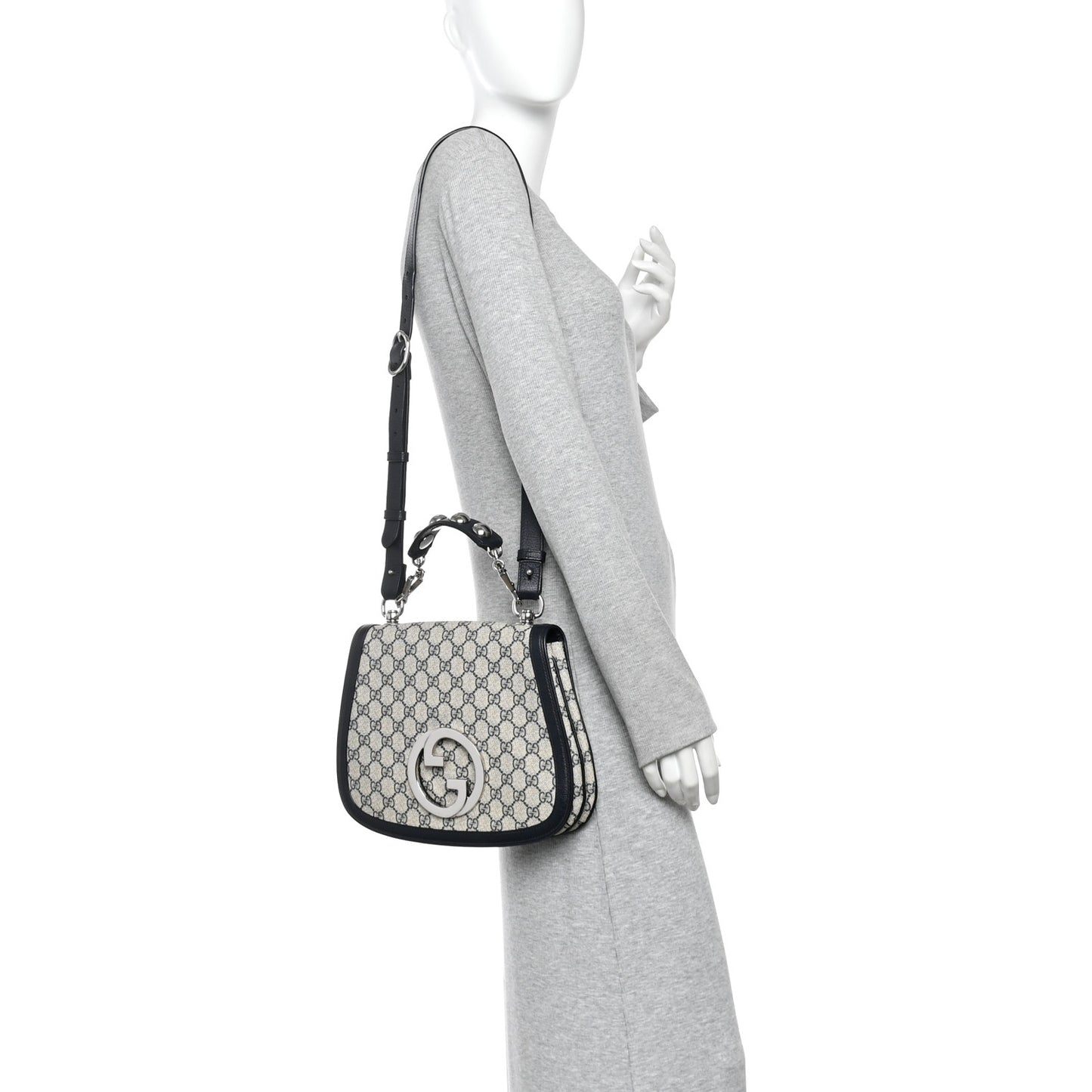 GG Supreme Monogram Textured Dollar Calfskin Web Medium Blondie Top Handle Shoulder Flap Bag Beige Blue