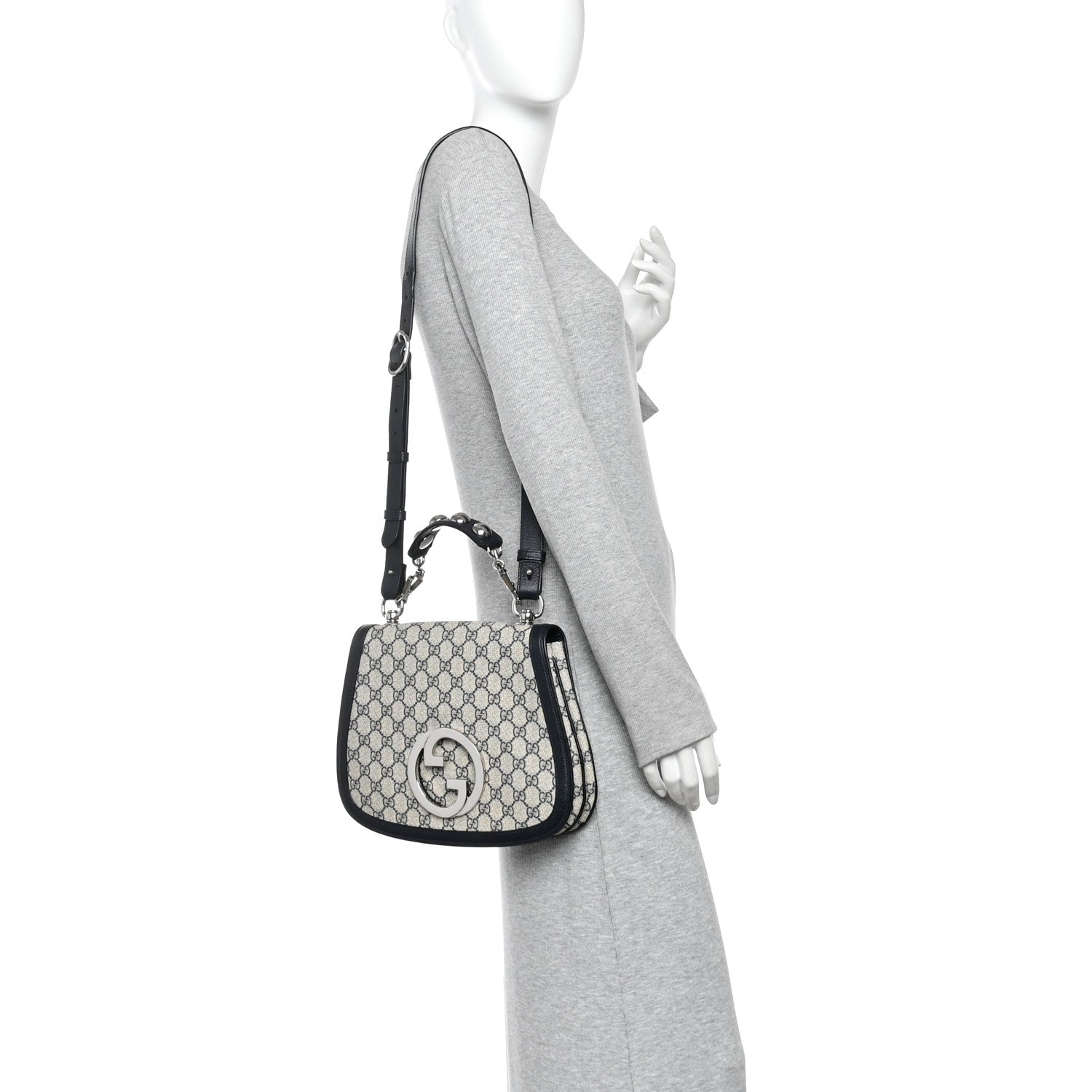 Gucci GG Supreme Monogram Textured Dollar Calfskin Web Medium Blondie Top Handle Shoulder Flap Bag Beige Blue 2 of 10