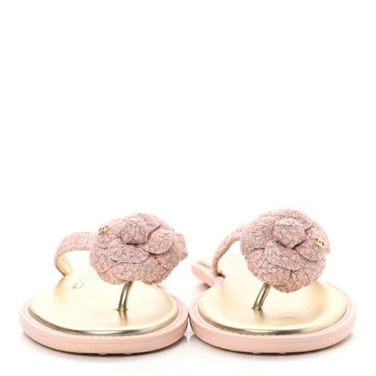 Chanel Tweed Quilted Camellia Thong Sandals 41 Salmon Apricot Gold 2 of 10