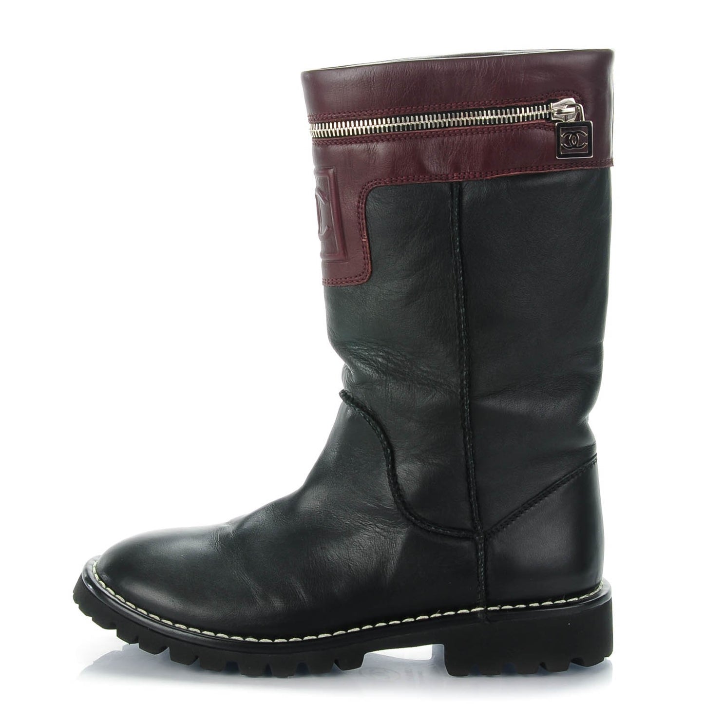 Calfskin Motorcycle Zipper Boots 37.5 Black Burgundy