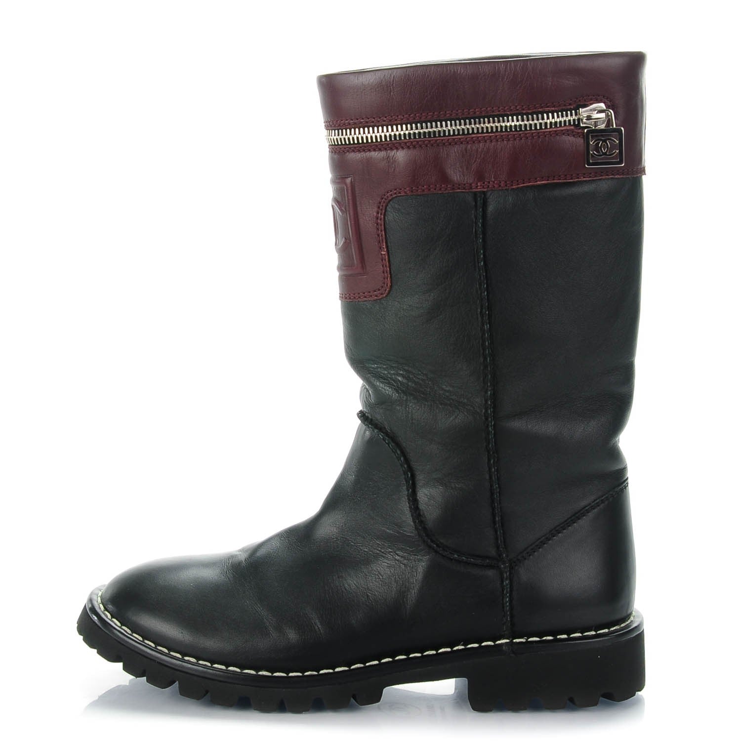 Chanel Calfskin Motorcycle Zipper Boots 37.5 Black Burgundy 1 of 8