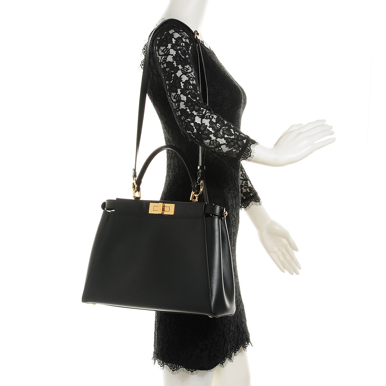 Fendi Vitello Morgan Fabric Jacquard Pequin Medium Peekaboo Iconic Satchel Black Tobacco 2 of 11