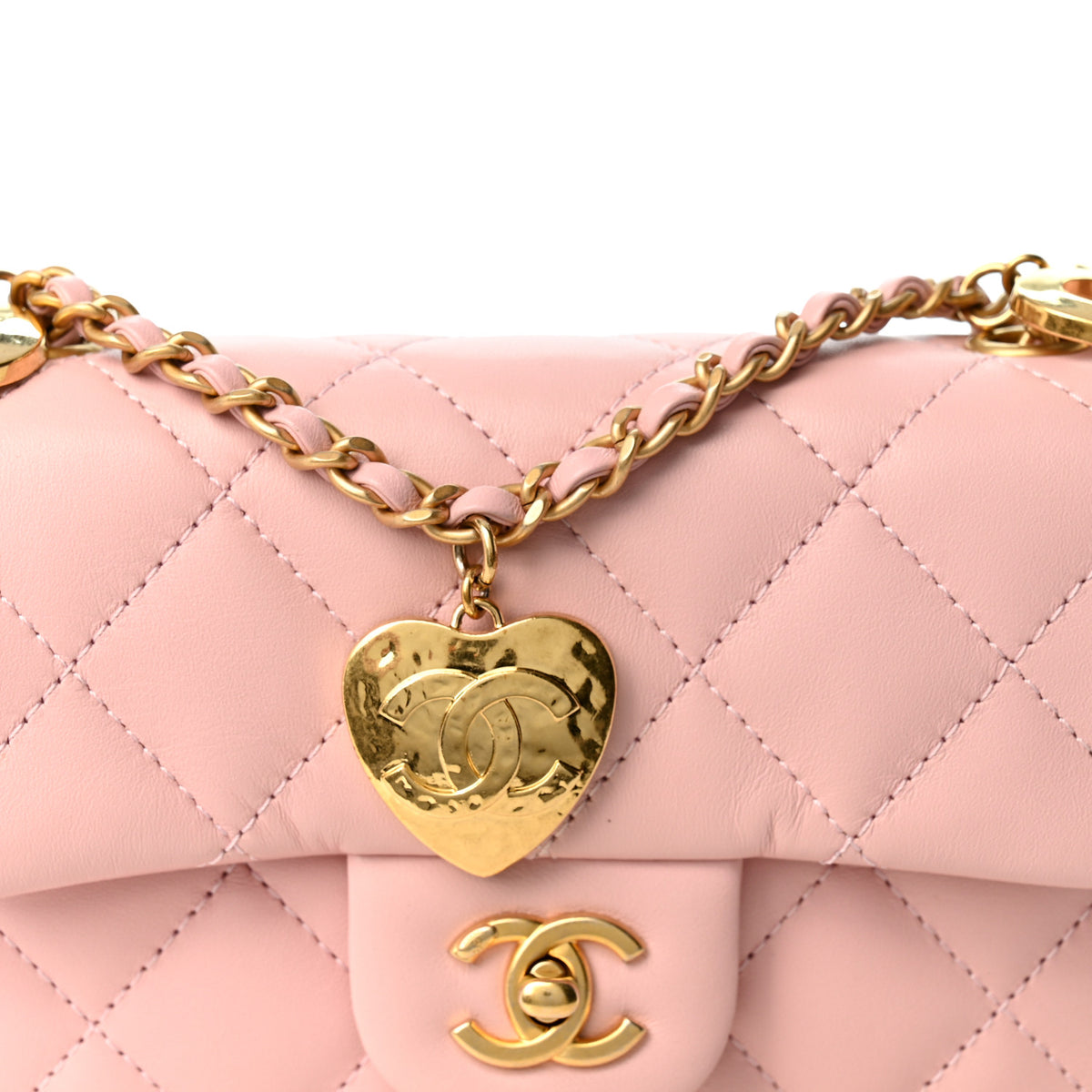 Lambskin Quilted Mini Heart Charms Flap Light Pink