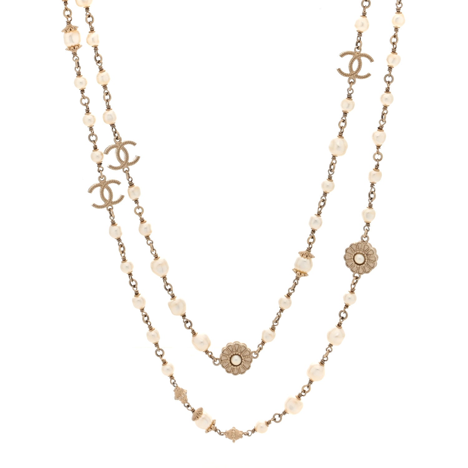 Chanel Pearl CC Flower Long Necklace White Gold 1 of 5