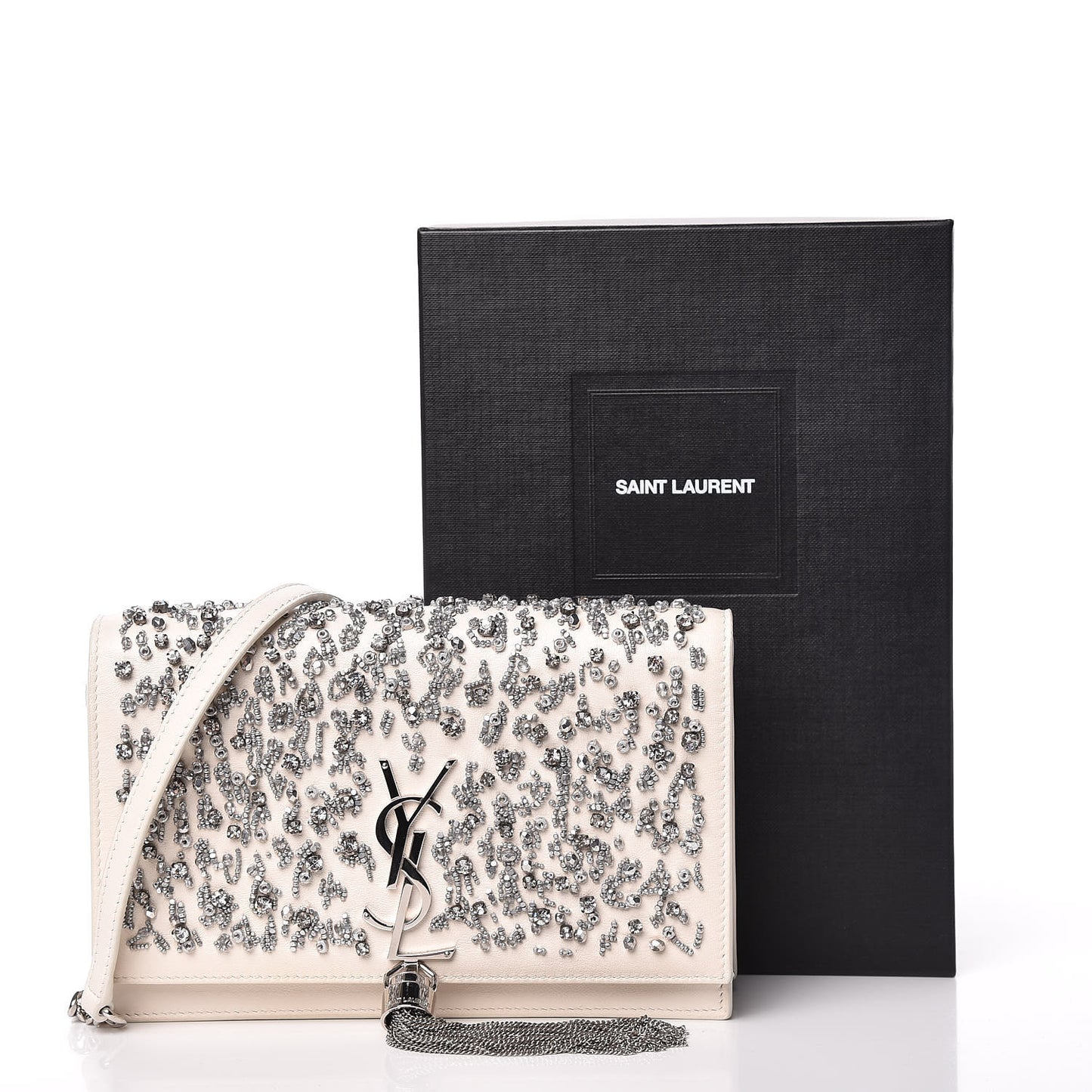 Calfskin Bead Embellished Kate Monogram Tassel Chain Wallet White