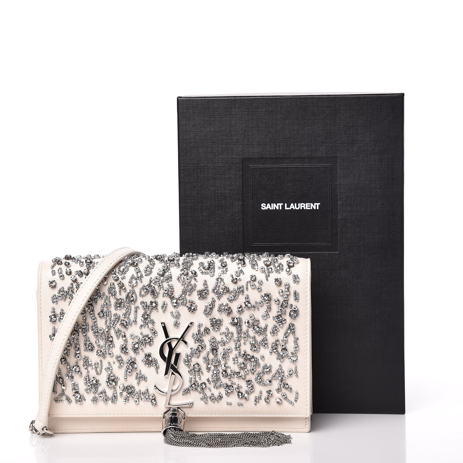 Saint Laurent Calfskin Bead Embellished Kate Monogram Tassel Chain Wallet White 17 of 17