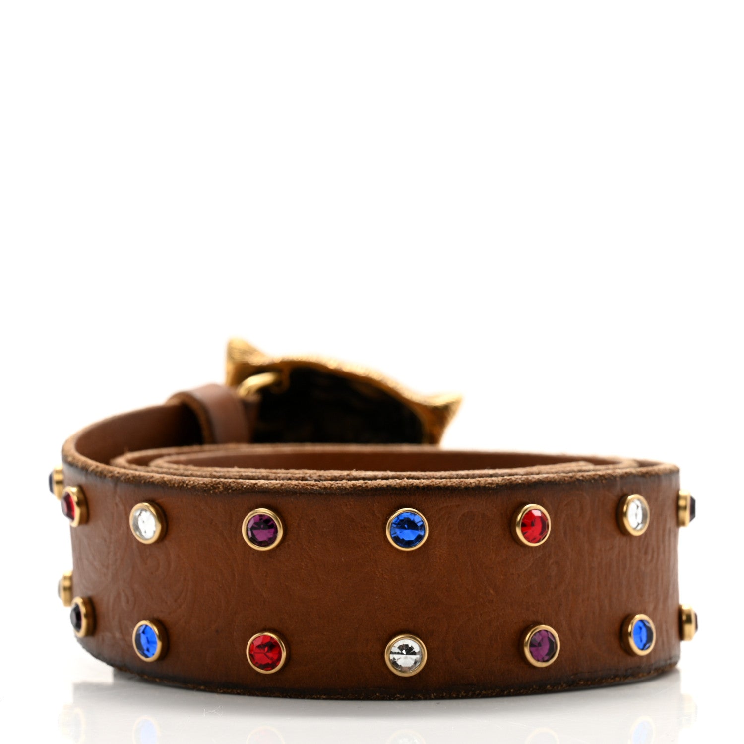 Gucci Calfskin Studded Crystals Brass Feline Buckle Belt 75 30 Toscano 2 of 7