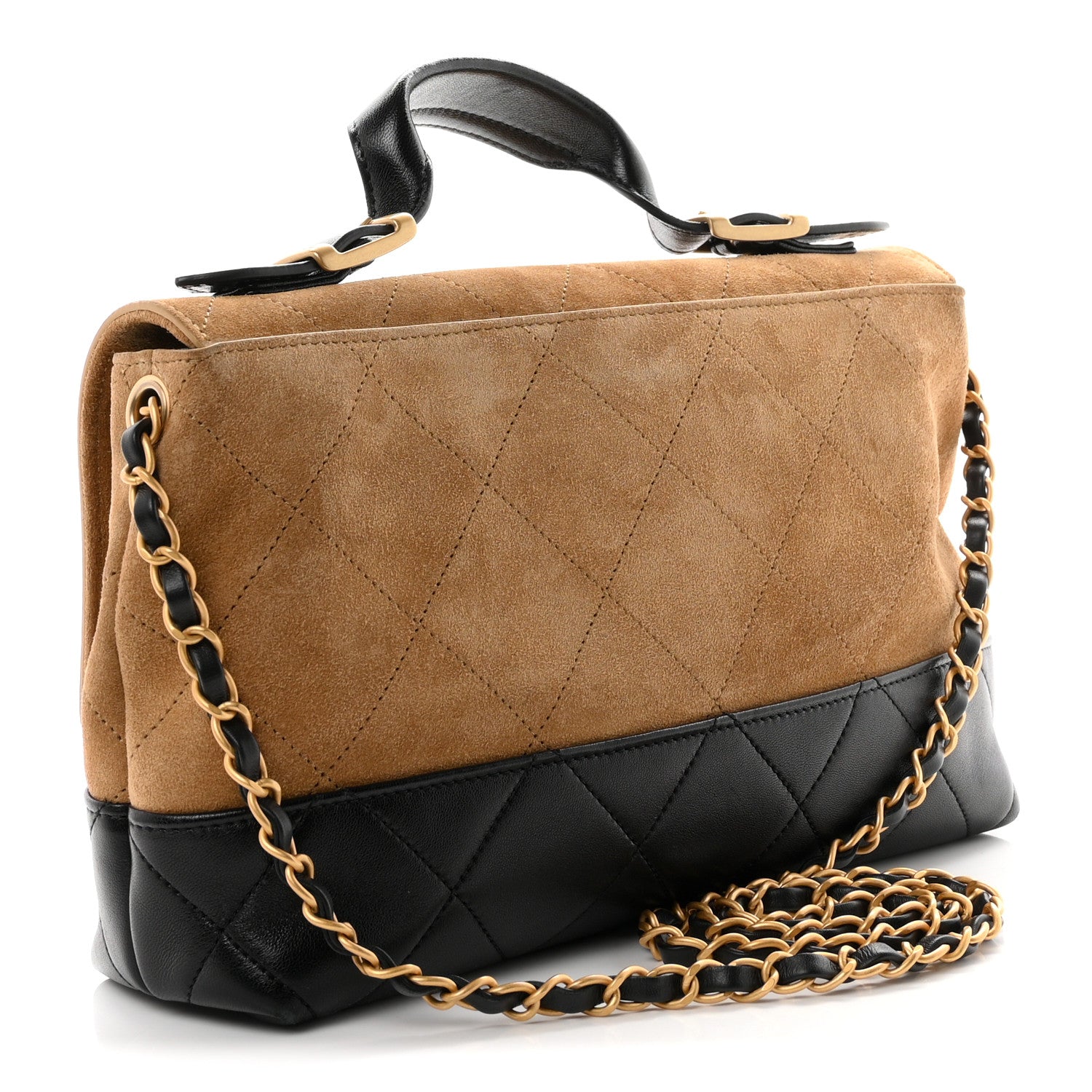 Chanel Suede Calfskin Shiny Lambskin Quilted Coco Base Flap Top Handle Bag Beige Black 3 of 12