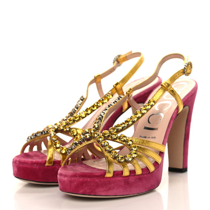 Gucci Velvet Nappa Crystal Zephyra Slingback Platform High Heel Sandals 39 Pink Gold 2 of 11